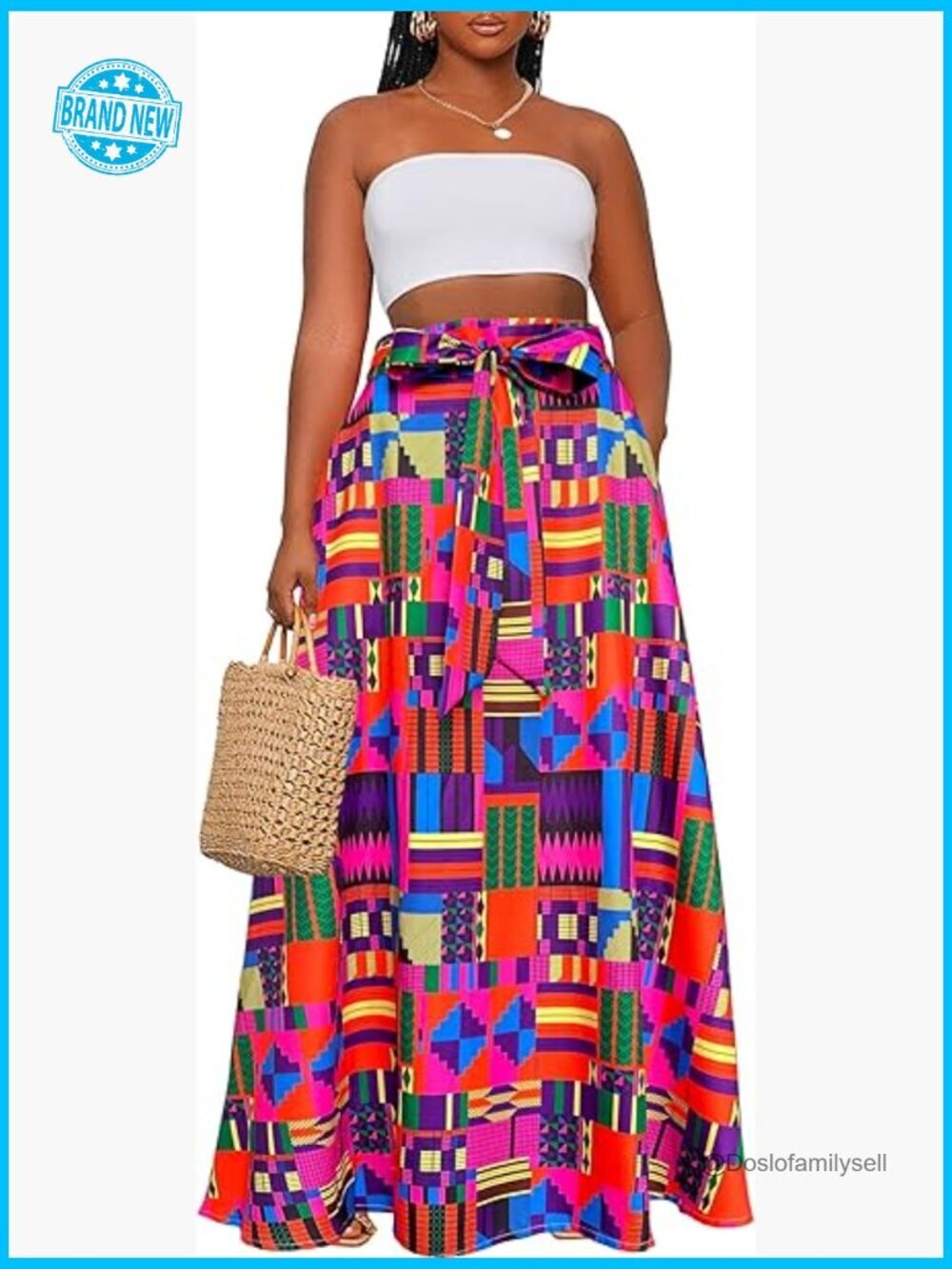 High Waist Tie African Print Long Maxi Skirt with Pockets
